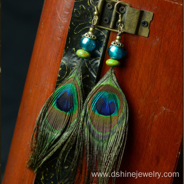 Customized Retro Peacock Feather Earring With TurquoiseBead